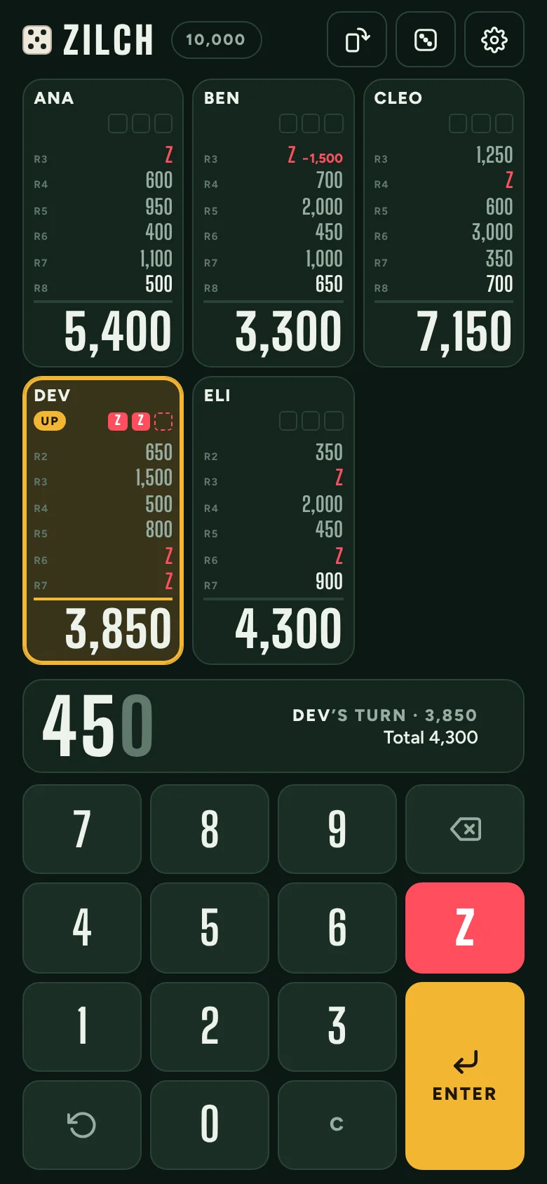 The score keeper on a phone: five players’ recent turns and totals, with the score keypad below